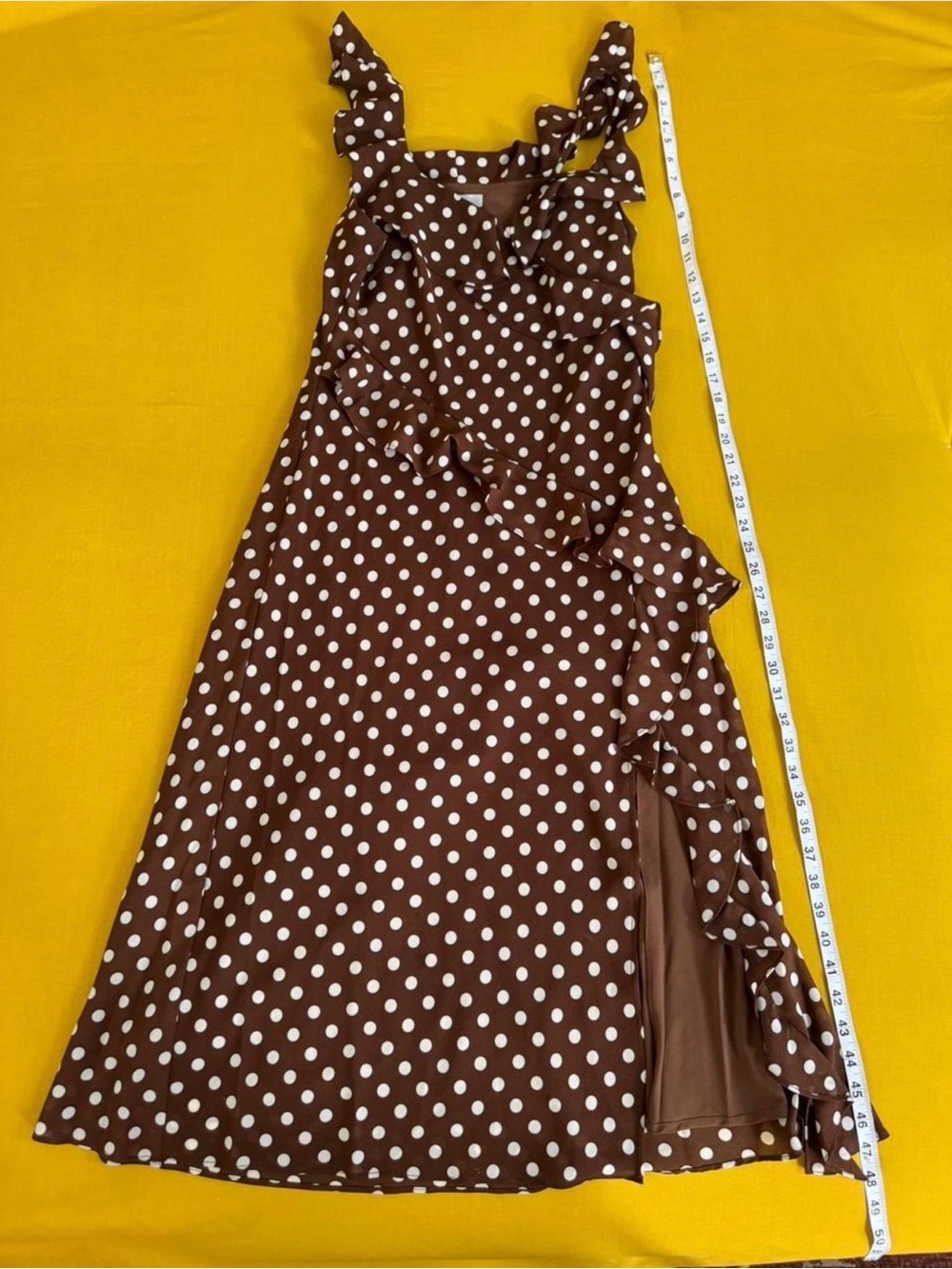 Chelsea28 Brown Polka Dot Ruffle Midi Dress | Romantic Coquette Wedding Guest - Picture 7 of 8